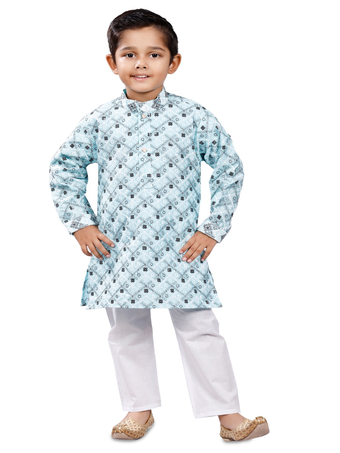 

BAESD Boys Printed Mandarin Collar Straight Kurta with Trousers, Teal