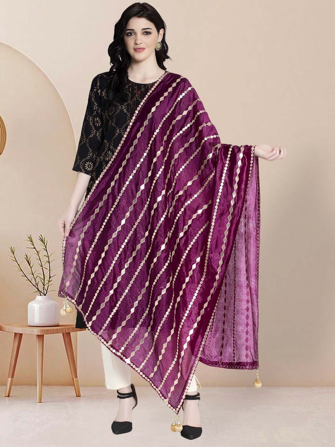 

Moda Rapido Striped Embroidered Gotta Patti Dupatta, Burgundy