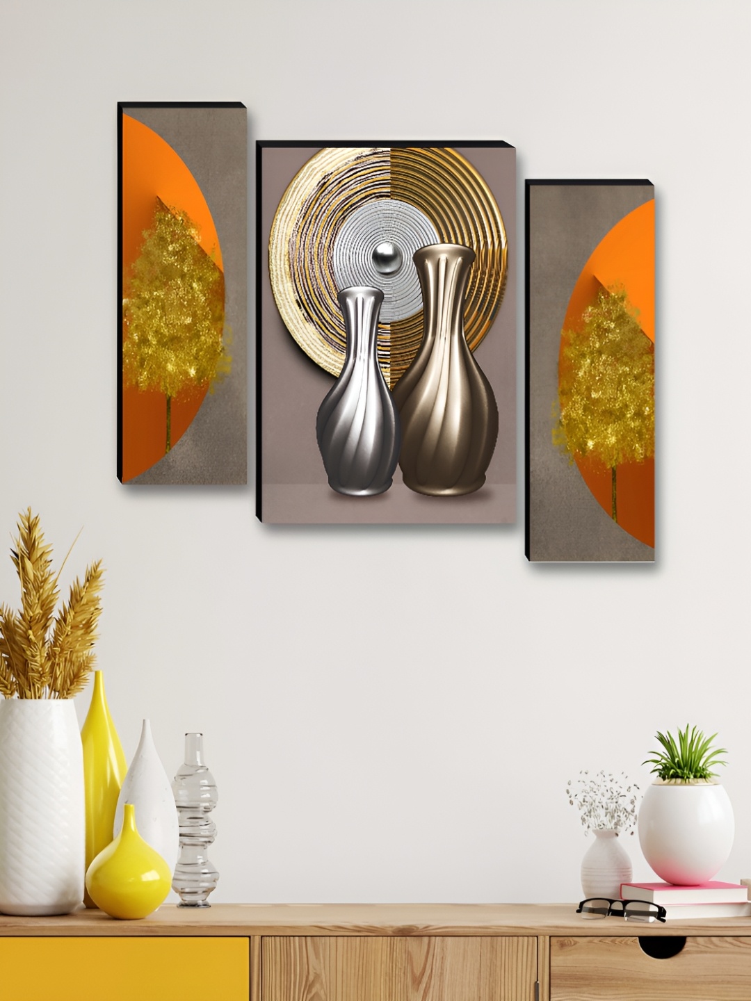 

Myntra Elegant Homes Grey & Gold-Toned 3 Pieces Bottles Wall Arts