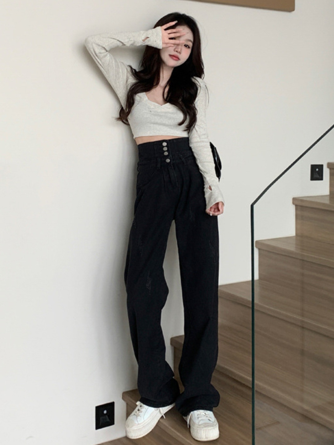 

StyleCast Women Straight Fit High-Rise Low Distress Jeans, Black