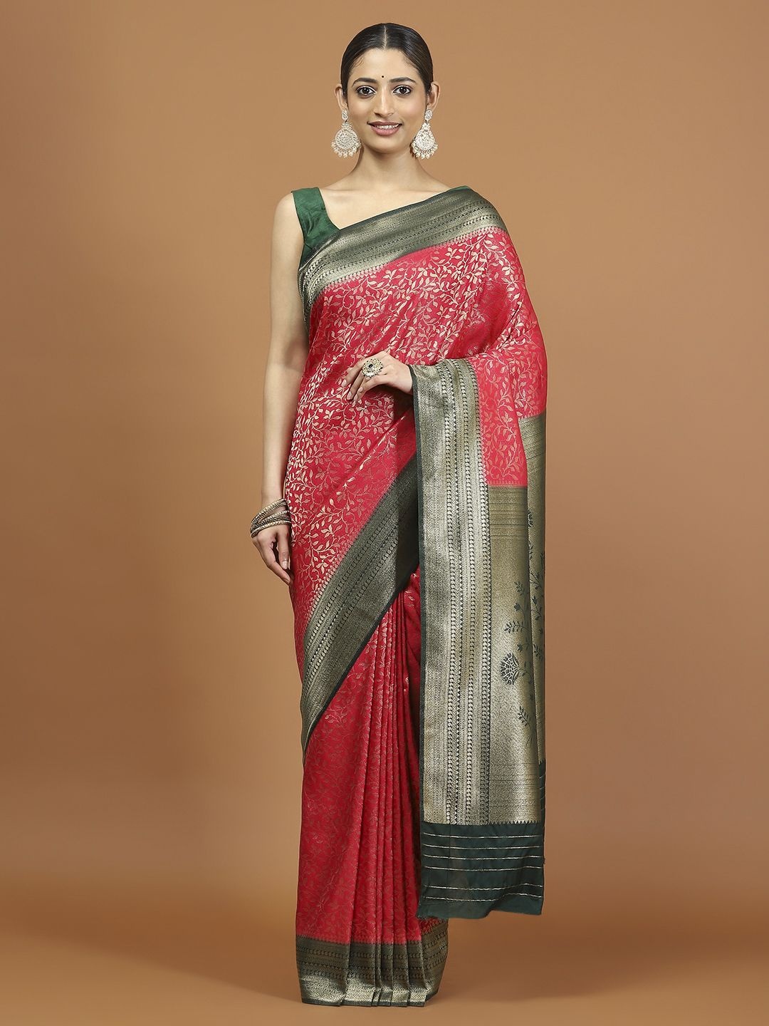 

Meena Bazaar Woven Design Zari Saree With Unstitched Blouse Piece, Pink