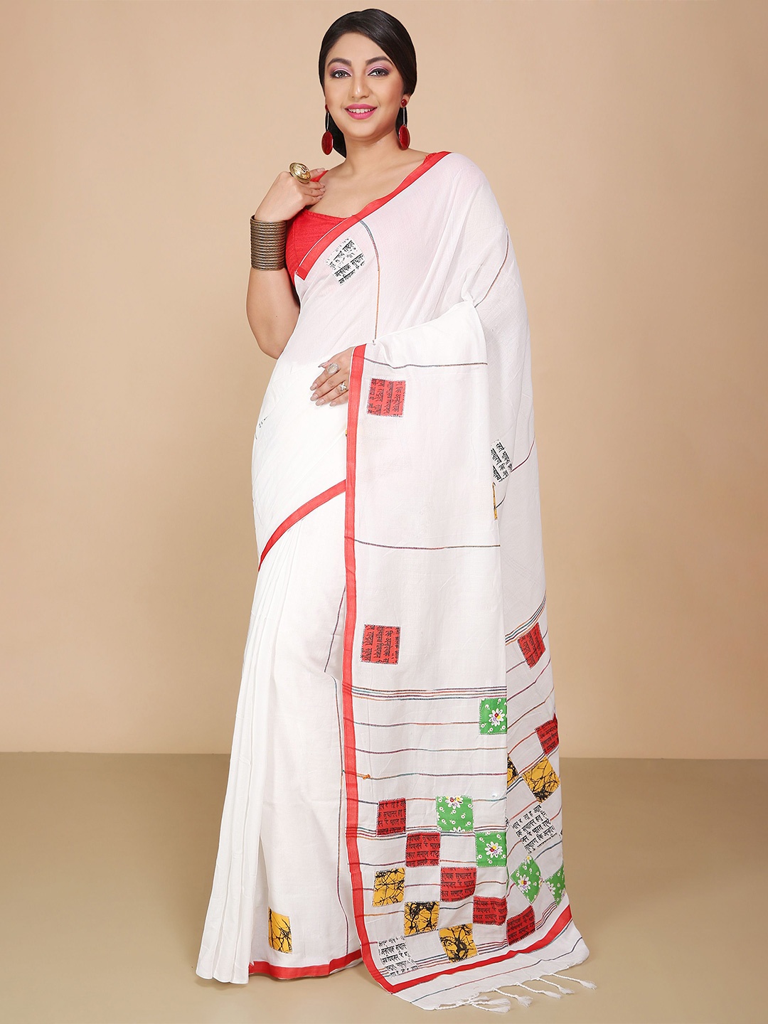 

BENGAL HANDLOOM Ethnic Motifs Patchwork Taant Saree, White