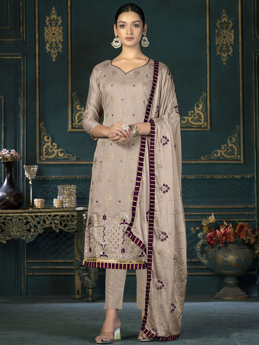 

SHADOW & SAINING Floral Embroidered Sequinned Unstitched Dress Material, Beige