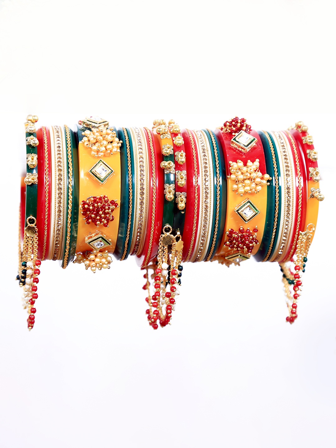 

Zindura Set Of 2 Gold-Plated Stones And Pearl Beaded Chuda Bangles With Hangings