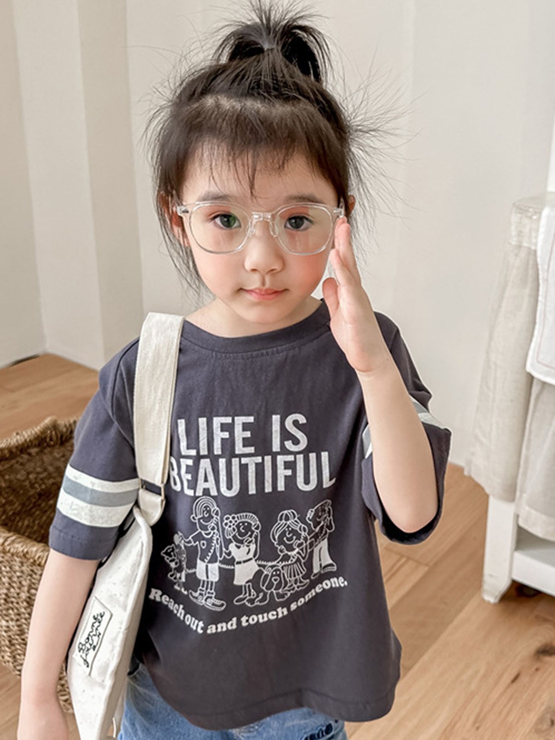 

LULU & SKY Girls Graphic Printed Round Neck Cotton Relaxed Fit T-shirt, Grey