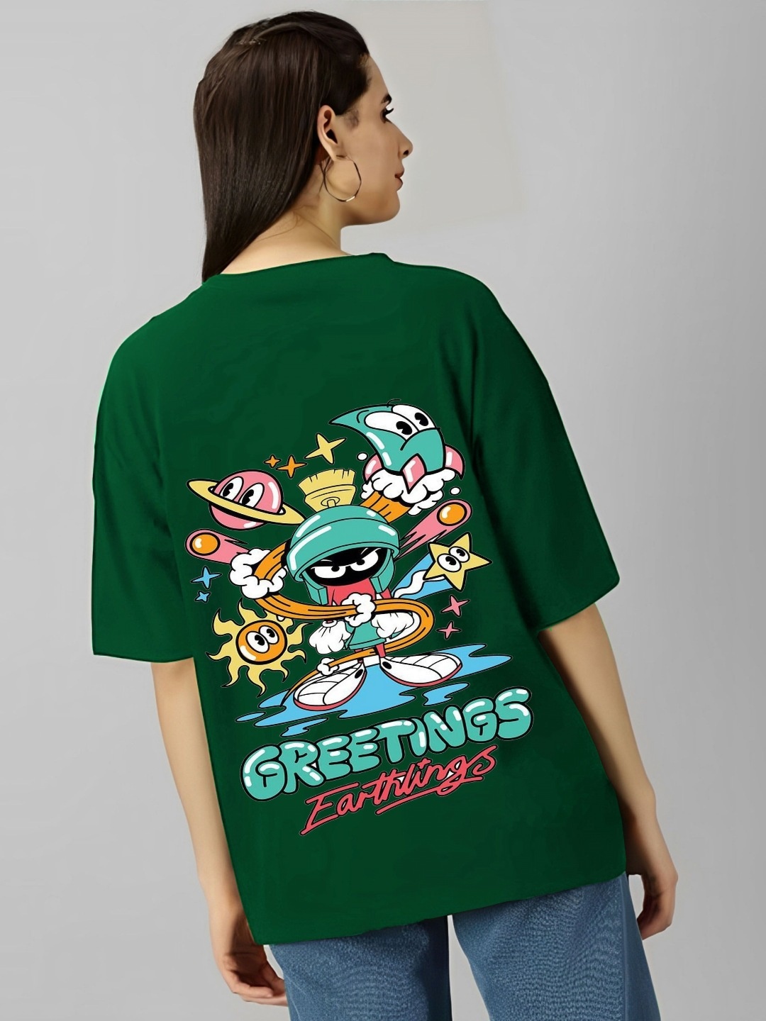 

kintu parantu Women Graphic Printed Round Neck Cotton Oversized T-shirt, Green