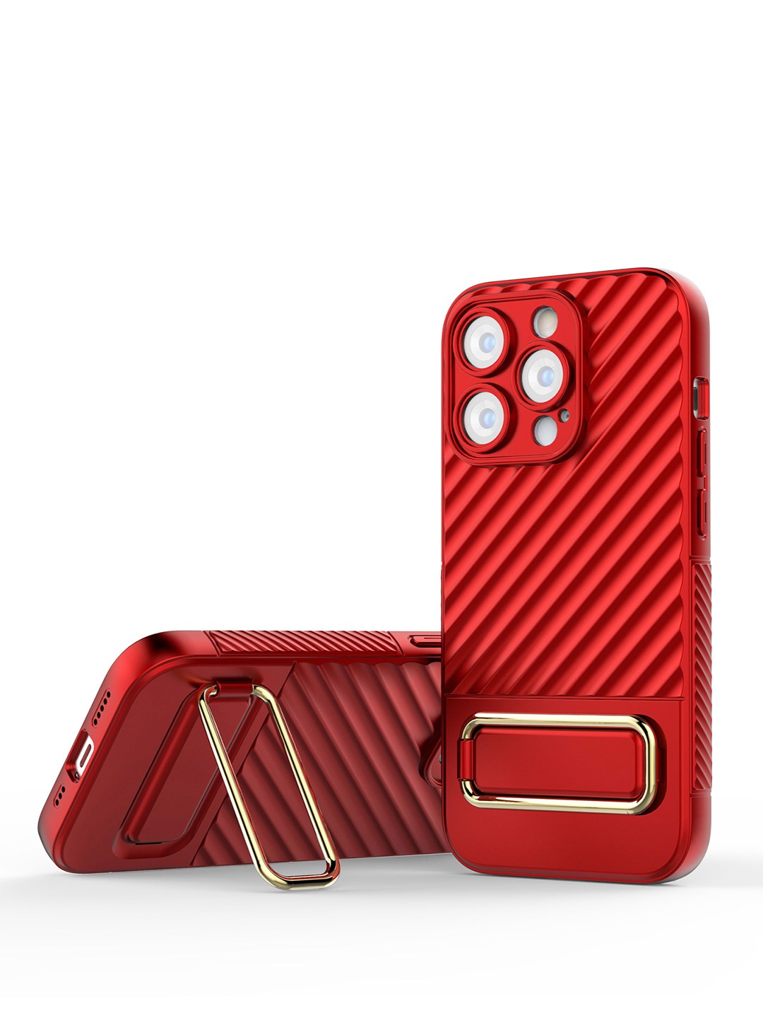 

QRIOH Solid iPhone 14 Pro Back Case with Gold Metal Kickstand, Red