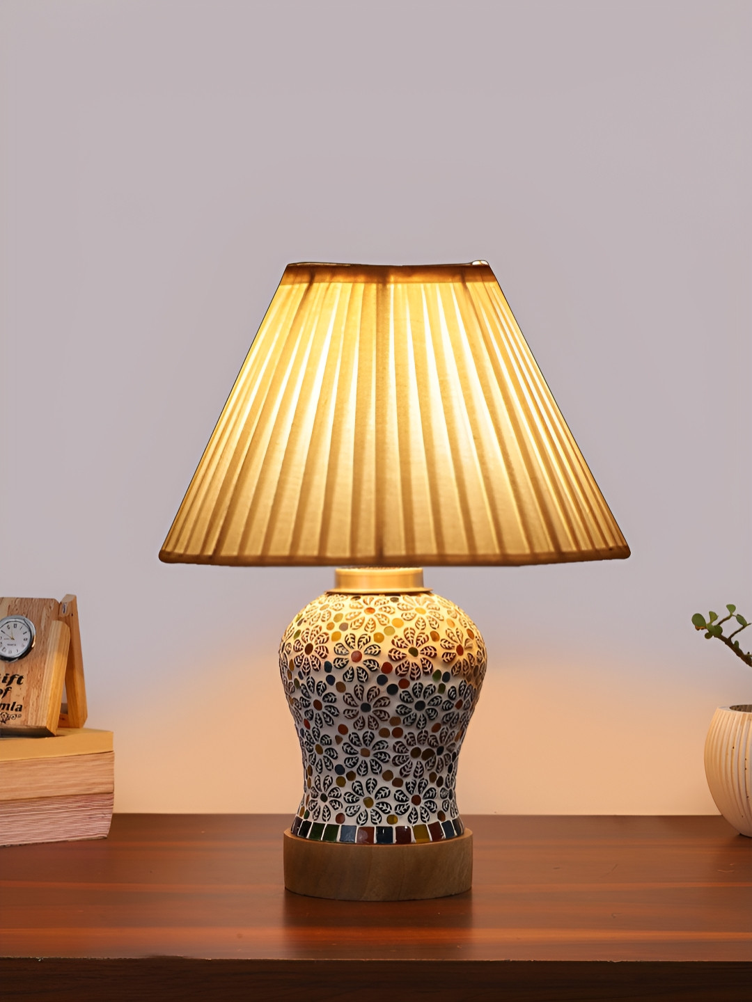 

Devansh Off-White Textured Frustum Shaped Wooden Table Lamp & Mosaic Glass