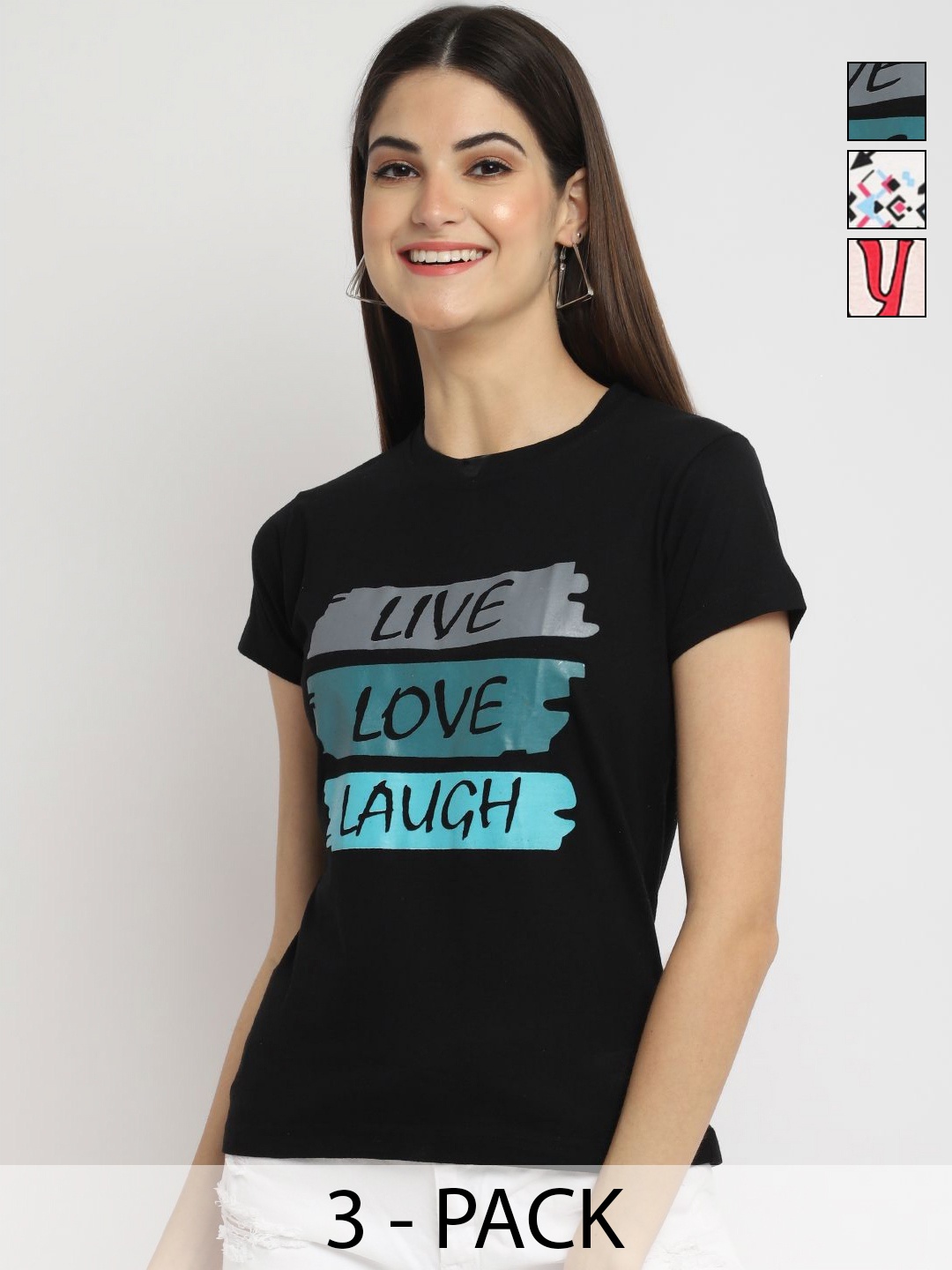 

Dreambe Pack Of 3 Typography Printed Round Neck Short Sleeves Cotton T-shirt, Black