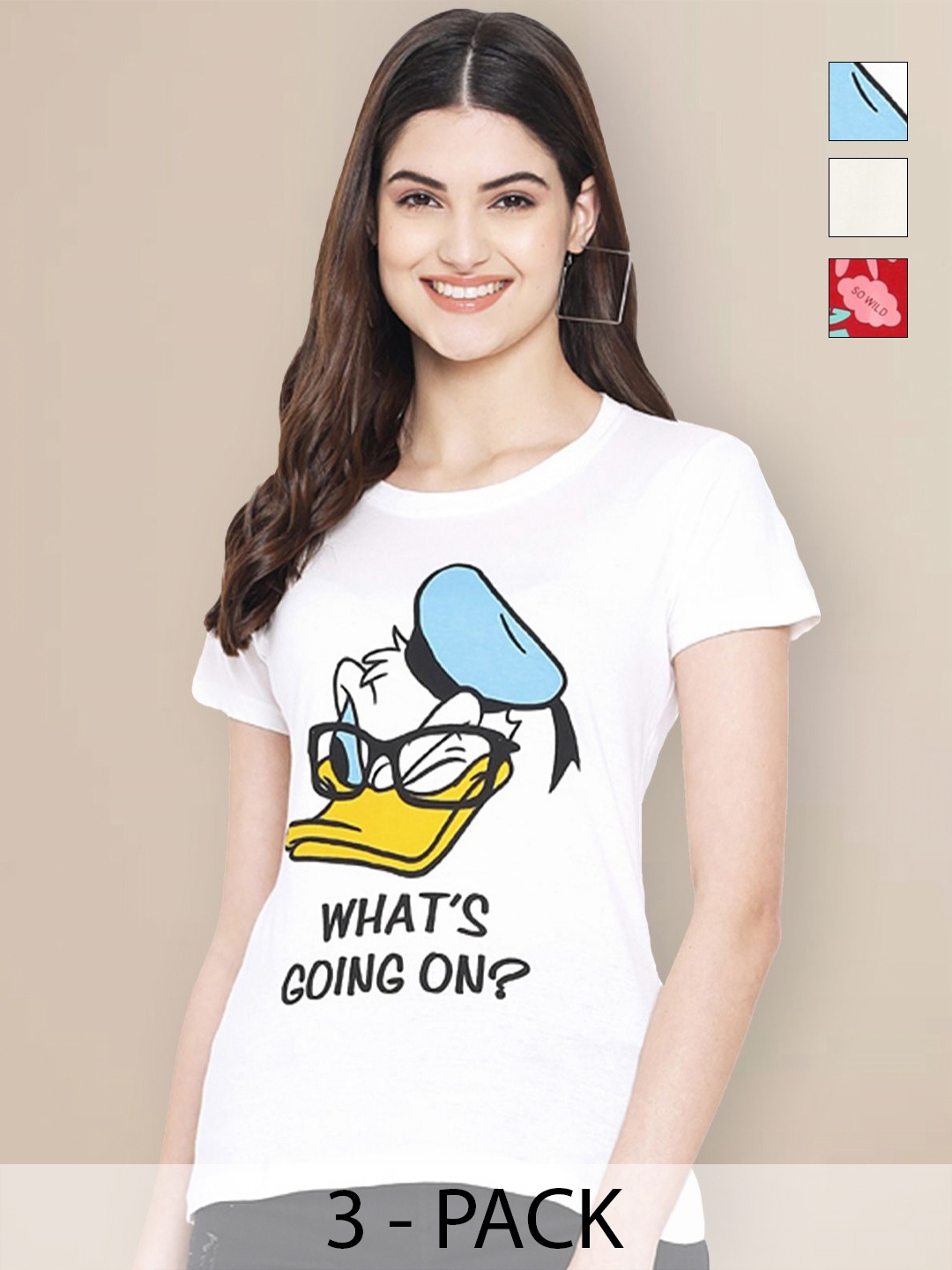 

Metronaut Women Pack of 3 Donald Duck Typography Printed Round Neck Cotton T-shirts, White