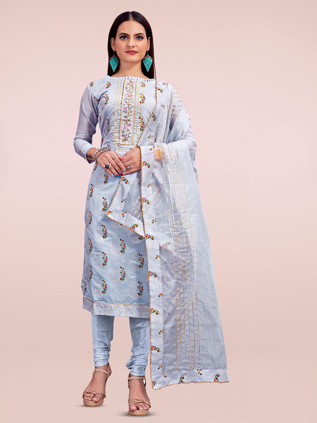 

Maroosh Floral Printed Chanderi Unstitched Dress Material, Grey