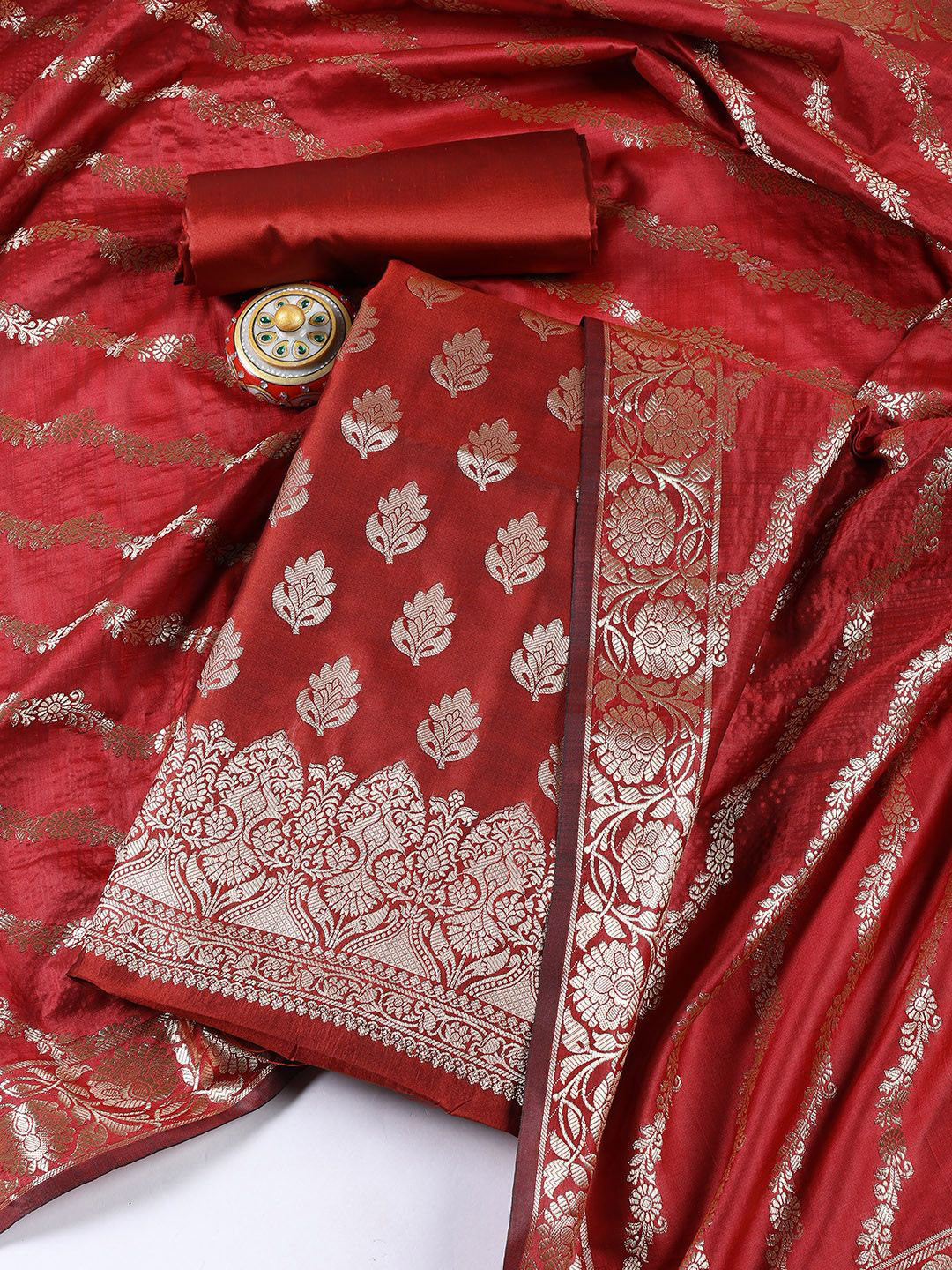 

Meena Bazaar Floral Woven Design Unstitched Dress Material, Red
