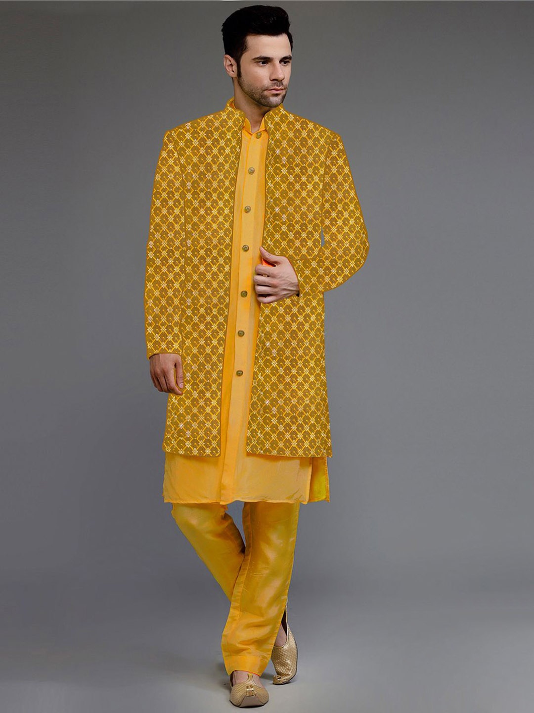 

Utsav Fashion Men Embroidered Uppada Silk Sherwani and pant with Faux Georgette Jacket Set, Mustard