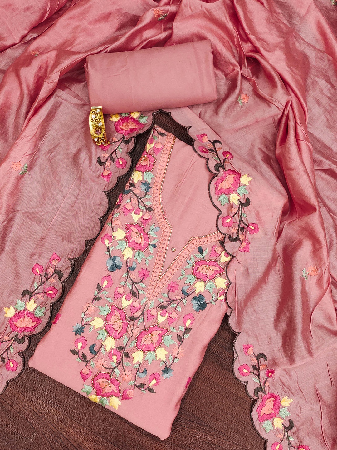 

SHADOW & SAINING Floral Embroidered Beads Work Roman Silk Unstitched Dress Material, Peach