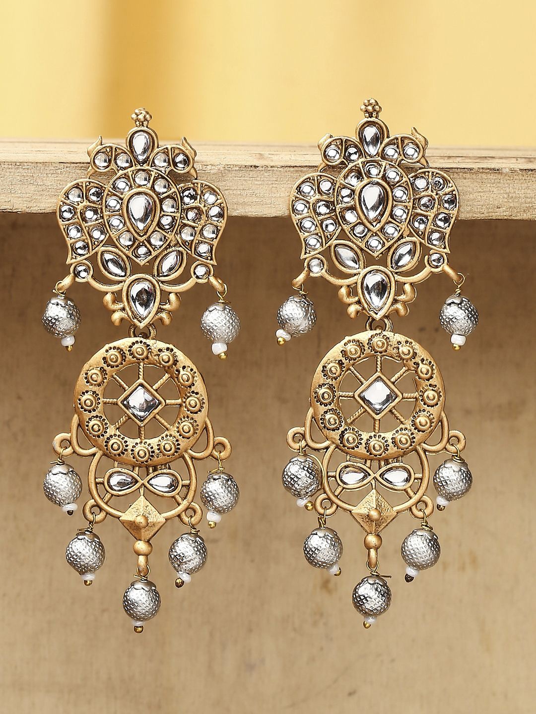

Anouk Kundan Stones Studded & Beaded Contemporary Shaped Drop Earrings, Gold