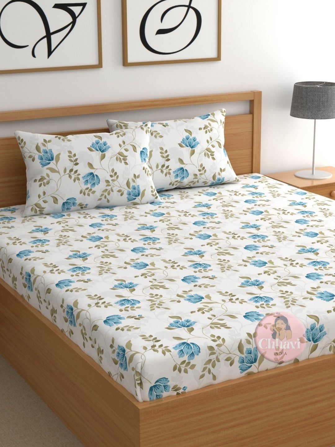 

CHHAVI INDIA White & Blue Floral 210 TC Microfiber Queen Bedsheet Set 2.50 m x 2.25 m