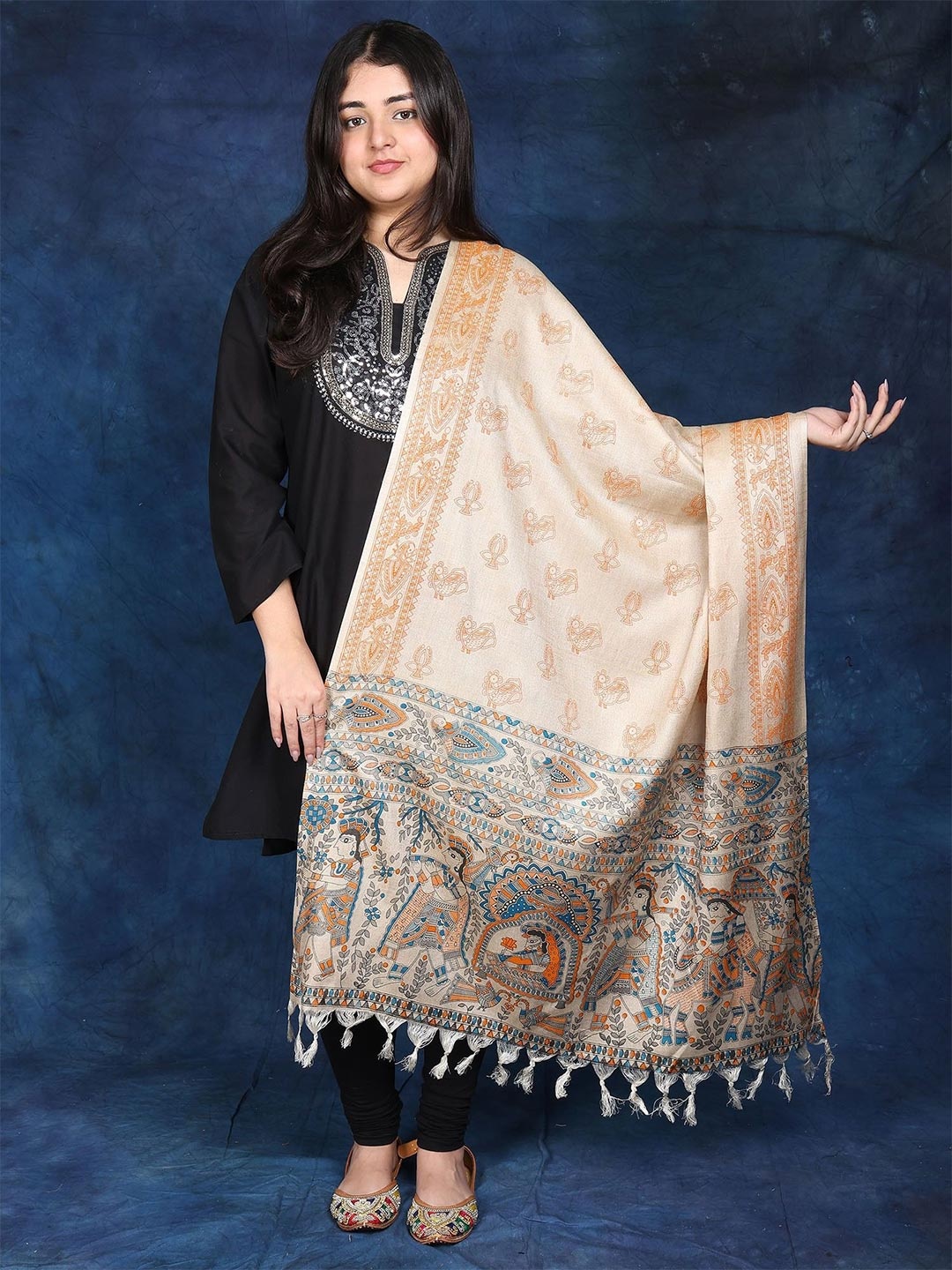 

Exotic India Madhubani Art With Printed Wedding Palanquin and Peacocks Dupatta, Beige