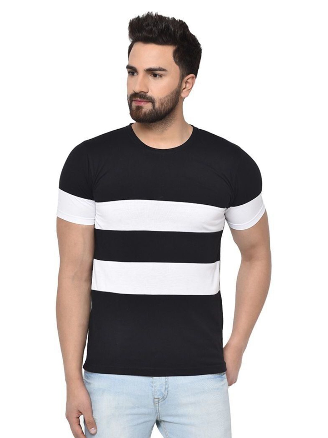 

Unicus Apparel Men Striped Round Neck Cotton Slim Fit T-shirt, Black