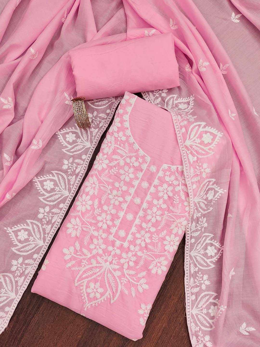 

SHADOW & SAINING Floral Embroidered Pure Cotton Semi-Stitched Dress Material, Pink