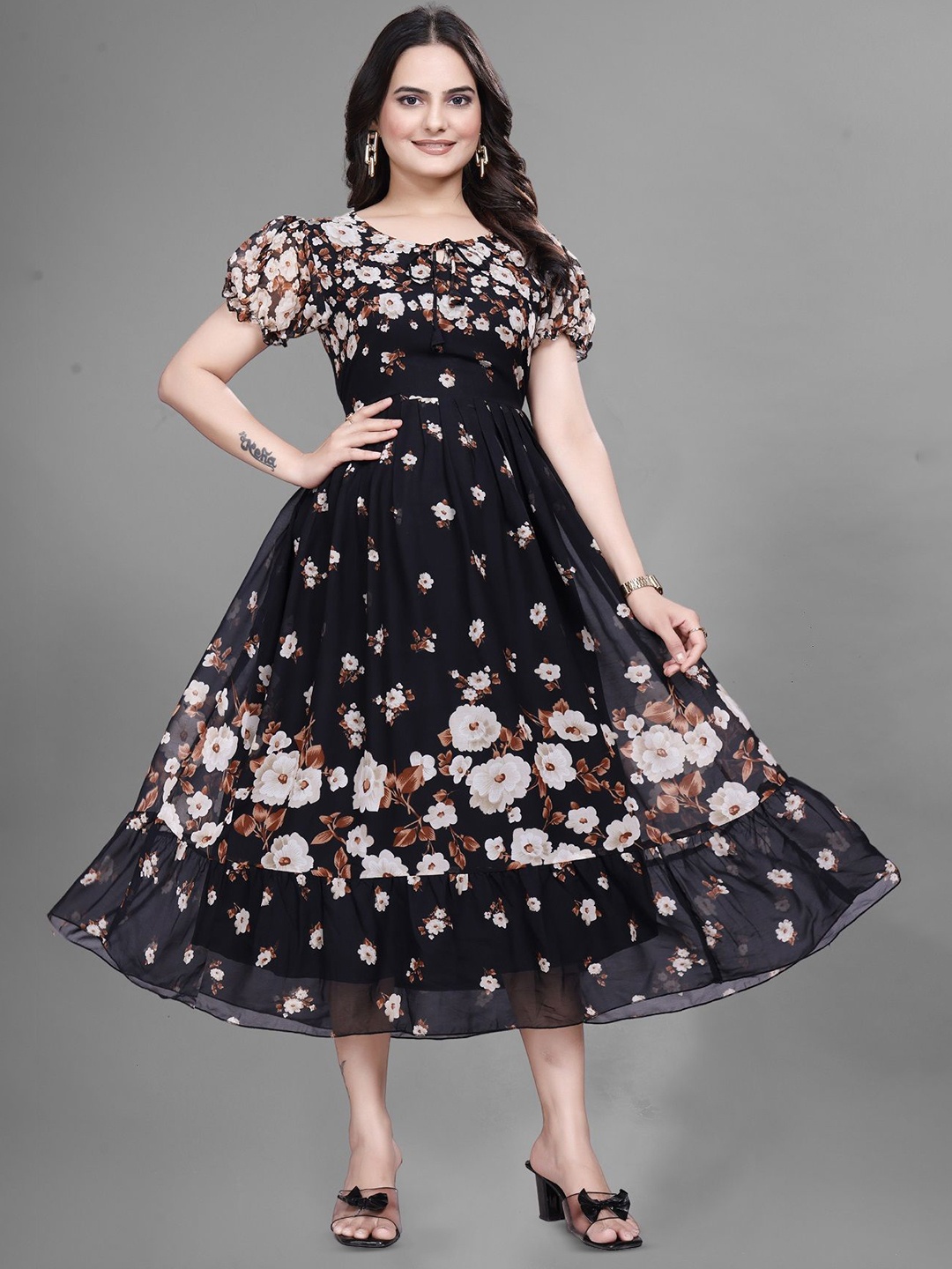 

KRISHTI CREATION Floral Printed Puff Sleeve Georgette Fit & Flare Midi Dress, Black