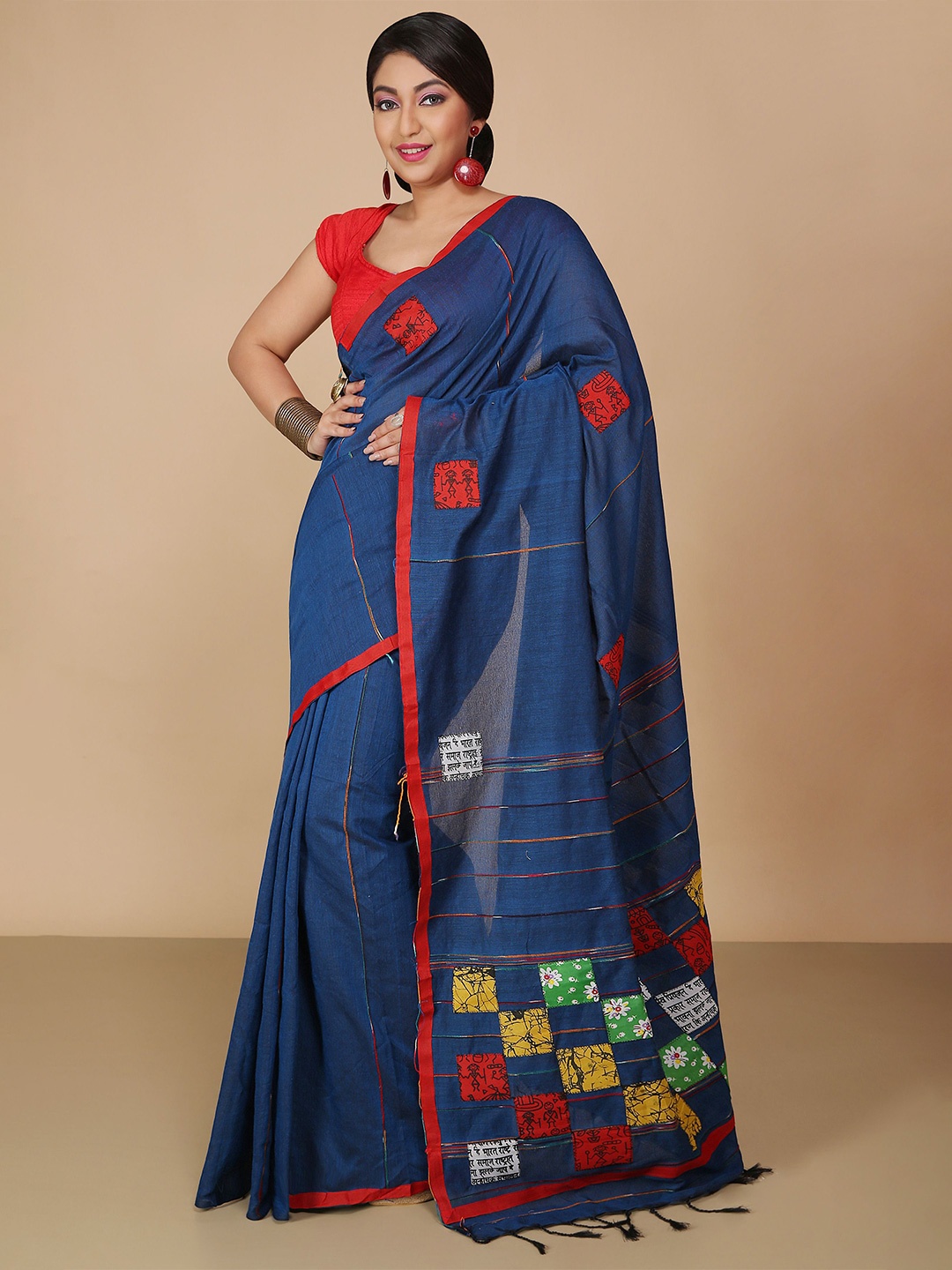 

BENGAL HANDLOOM Box Applique Warli Printed Taant Saree, Navy blue