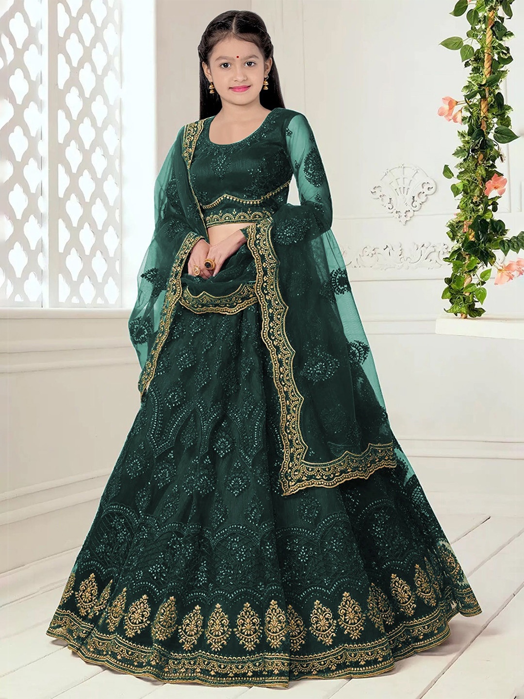 

BAESD Girls Floral Embroidered Thread Work Semi-Stitched Lehenga Choli With Dupatta, Green