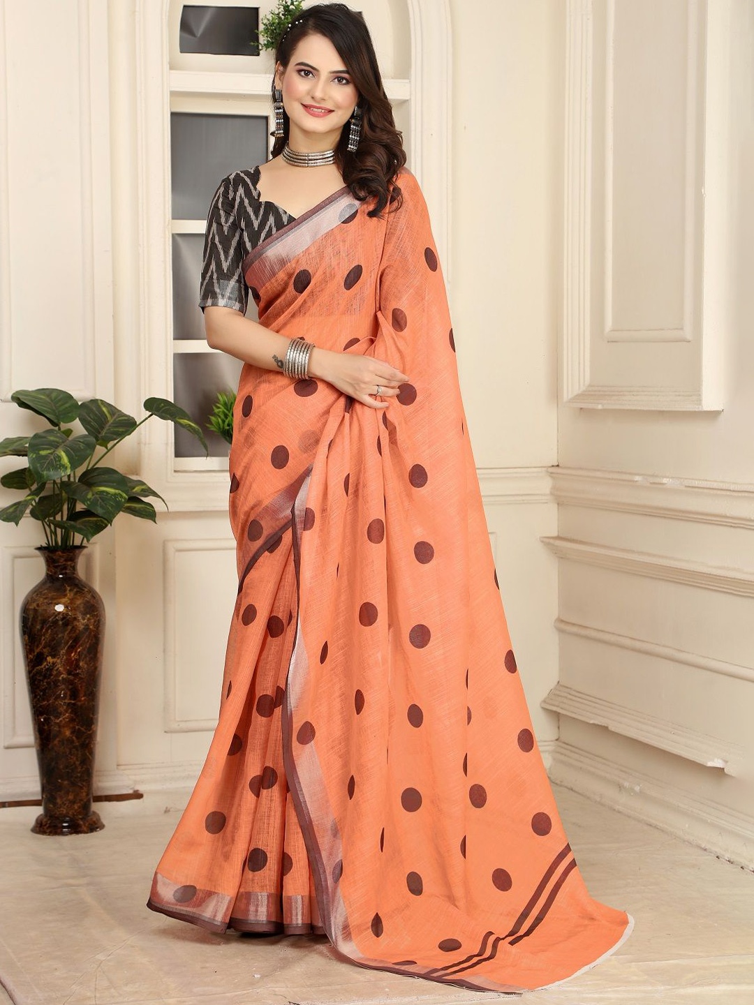 

Sarvada Polka Dot Printed Pure Cotton Saree, Peach