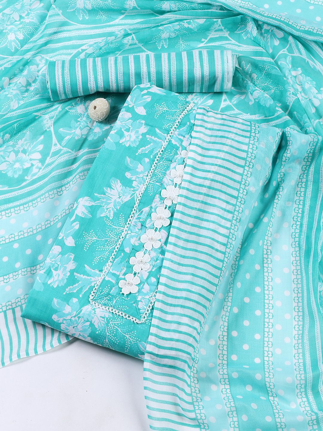 

Meena Bazaar Floral Printed Unstitched Dress Material, Sea green