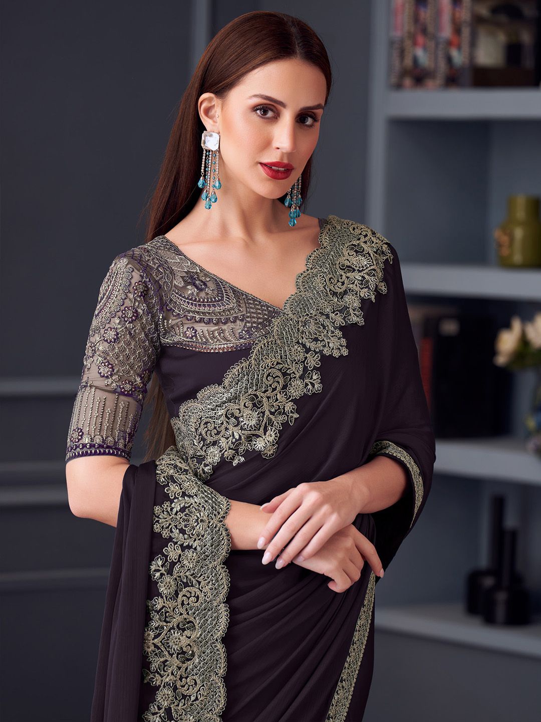 

Mitera Embroidered Pure Chiffon Saree, Purple