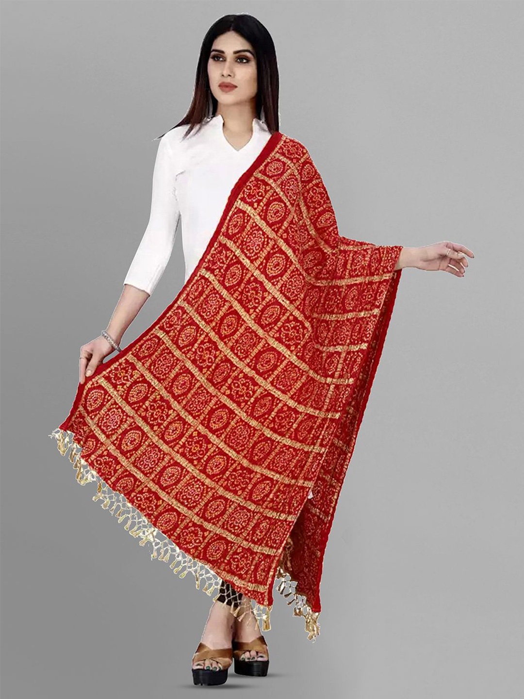 

Trendmalls Bandhani Printed Cotton Chinon Silk Dupatta, Red