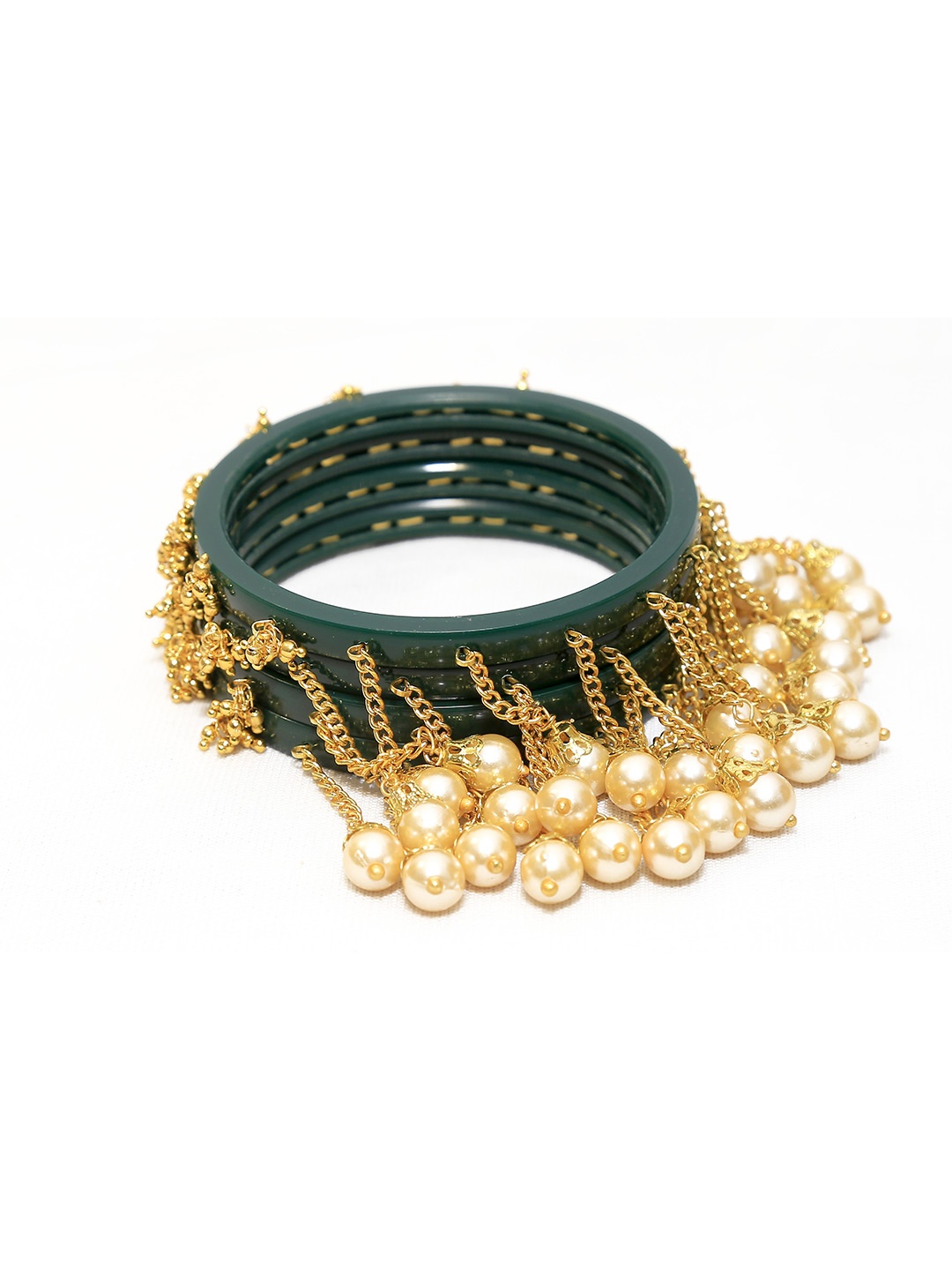 

Zindura Set Of 4 Gold Plated Pearl Beads Studded Bangles With Hangings