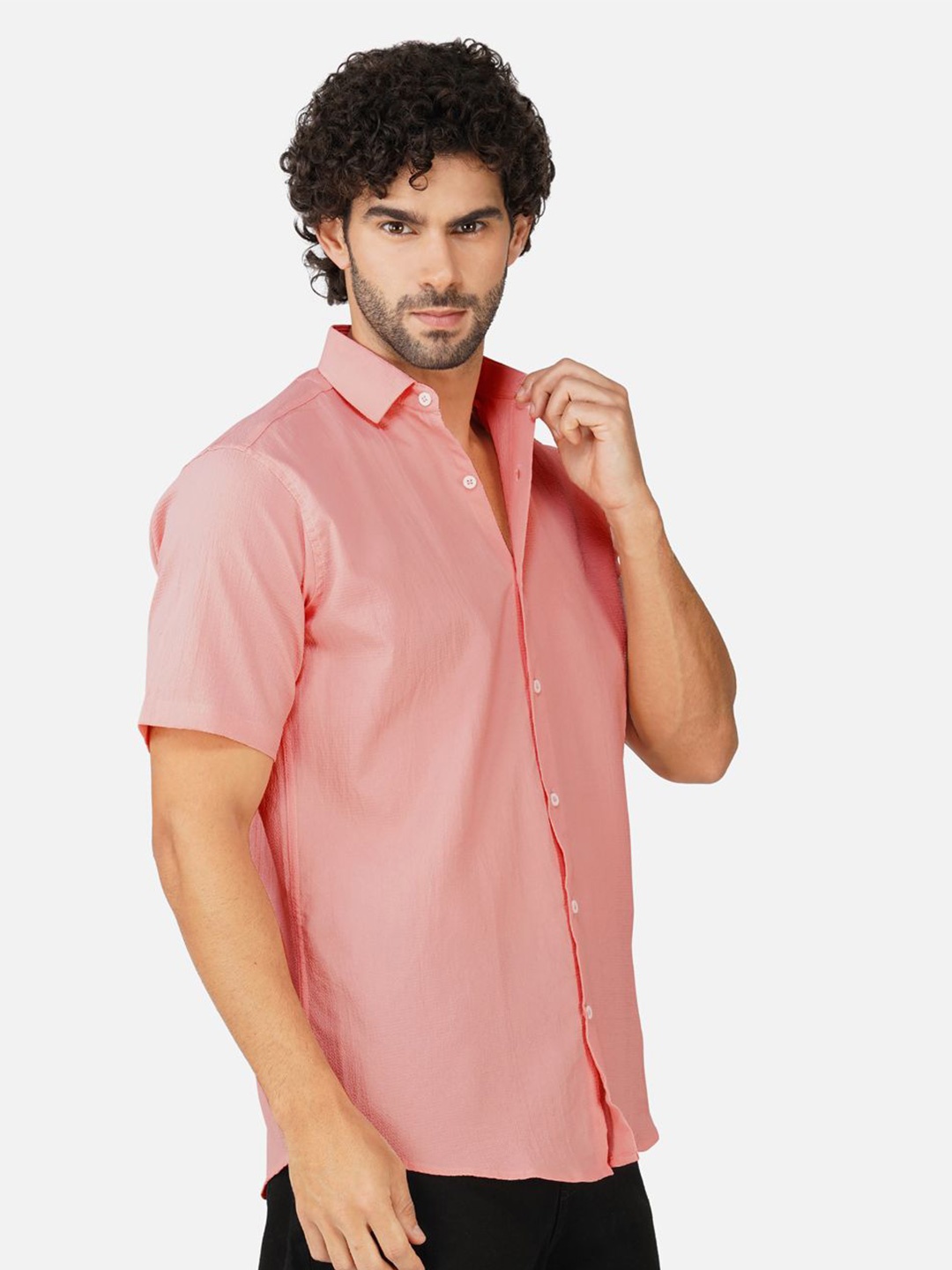 

BASE 41 Men Spread Collar Textured Casual Shirts, Peach