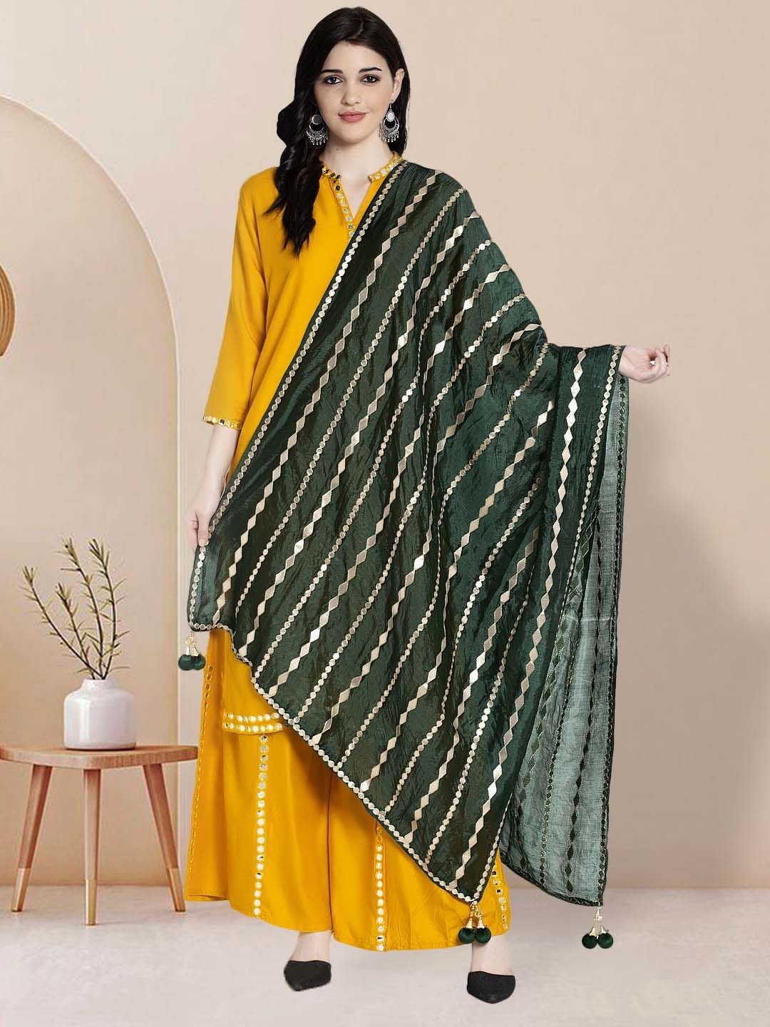 

Moda Rapido Striped Embroidered Gotta Patti Dupatta, Green