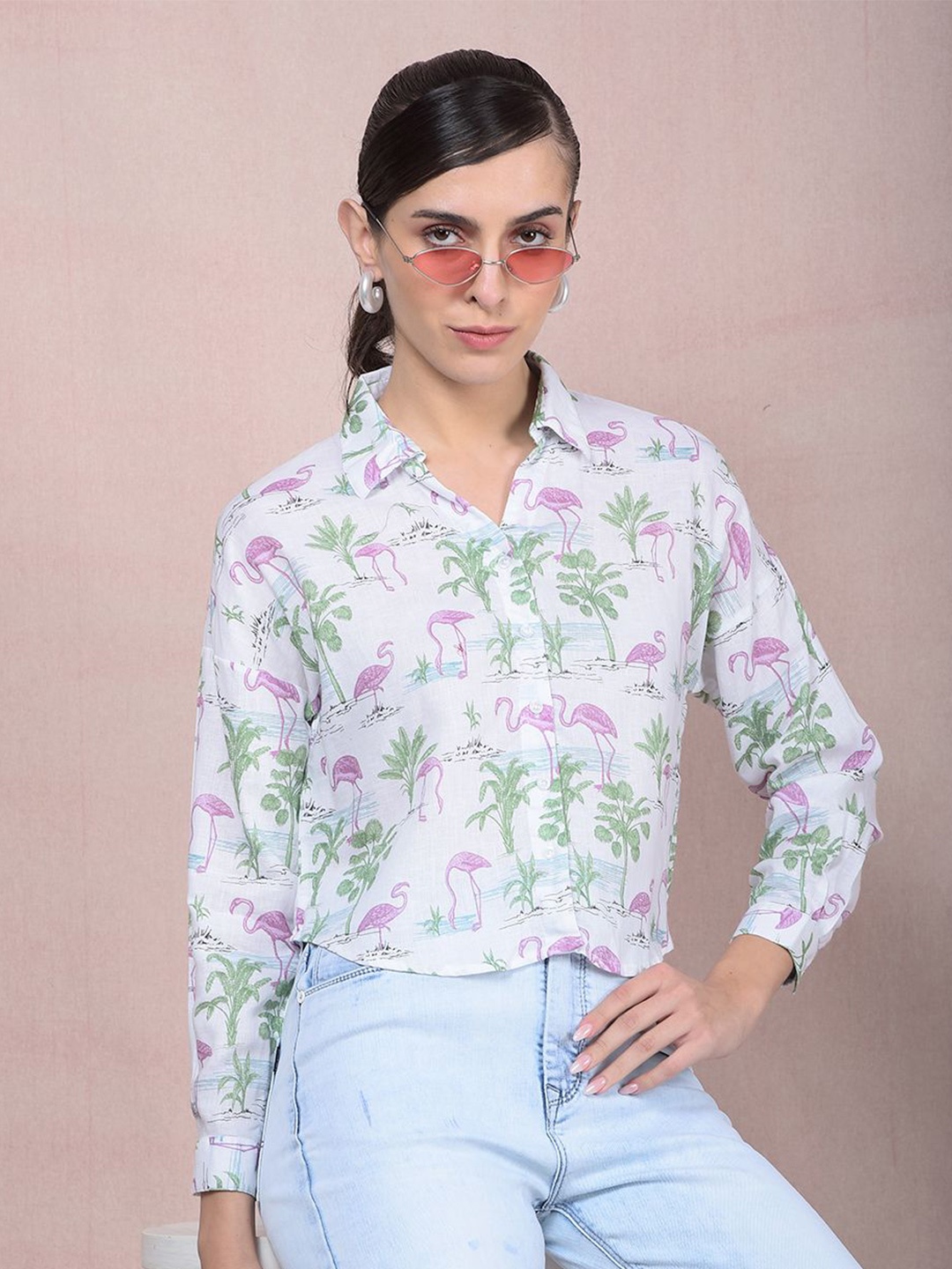 

Crimsoune Club Women Spread Collar Floral Printed Cotton Casual Shirt, White