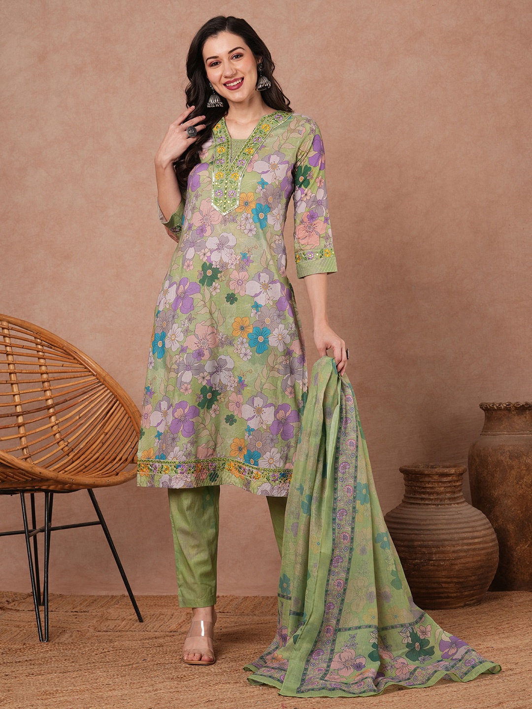 

FASHOR Floral Printed Sequinned Pure Cotton V-Neck Straight Kurta With Trousers & Dupatta, Green