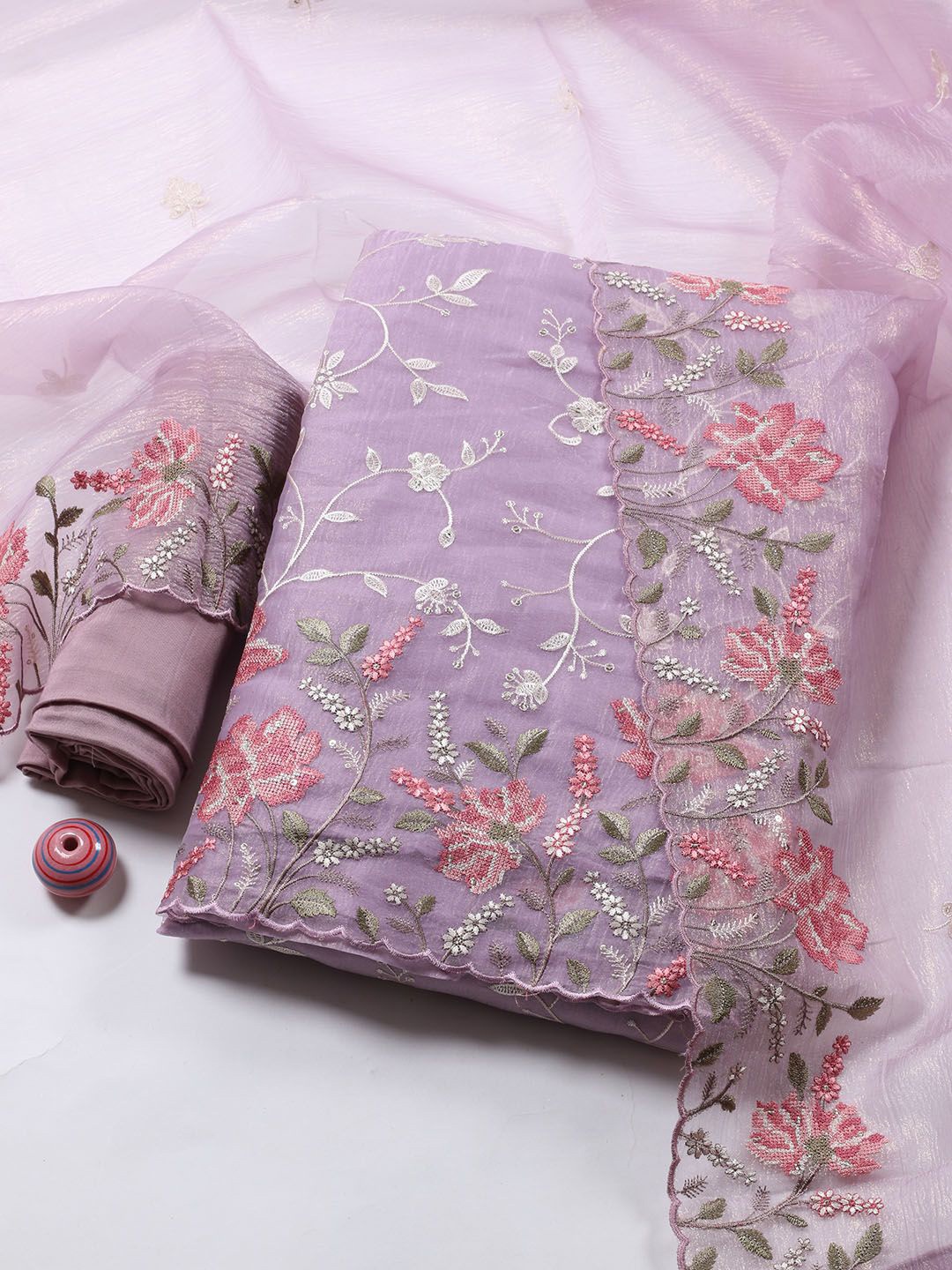 

Meena Bazaar Floral Embroidered Thread Work Unstitched Dress Material, Mauve
