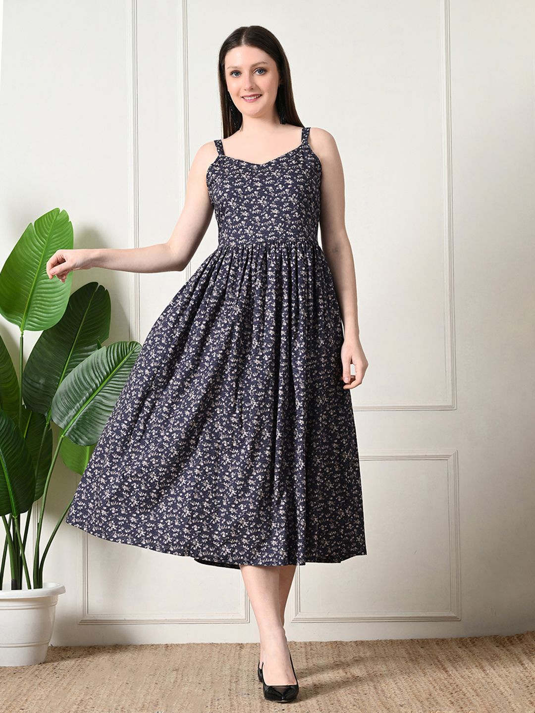 

KALINI Women Geometric Printed Fit & Flare Midi Dress, Grey