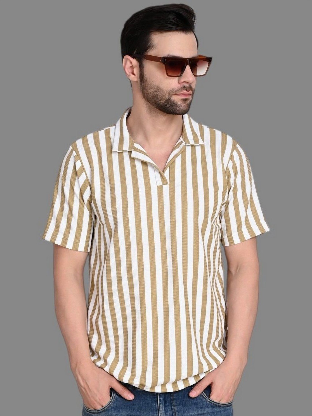 

TRAQUILA Striped Spread Collar Half Sleeves T-shirt, Brown