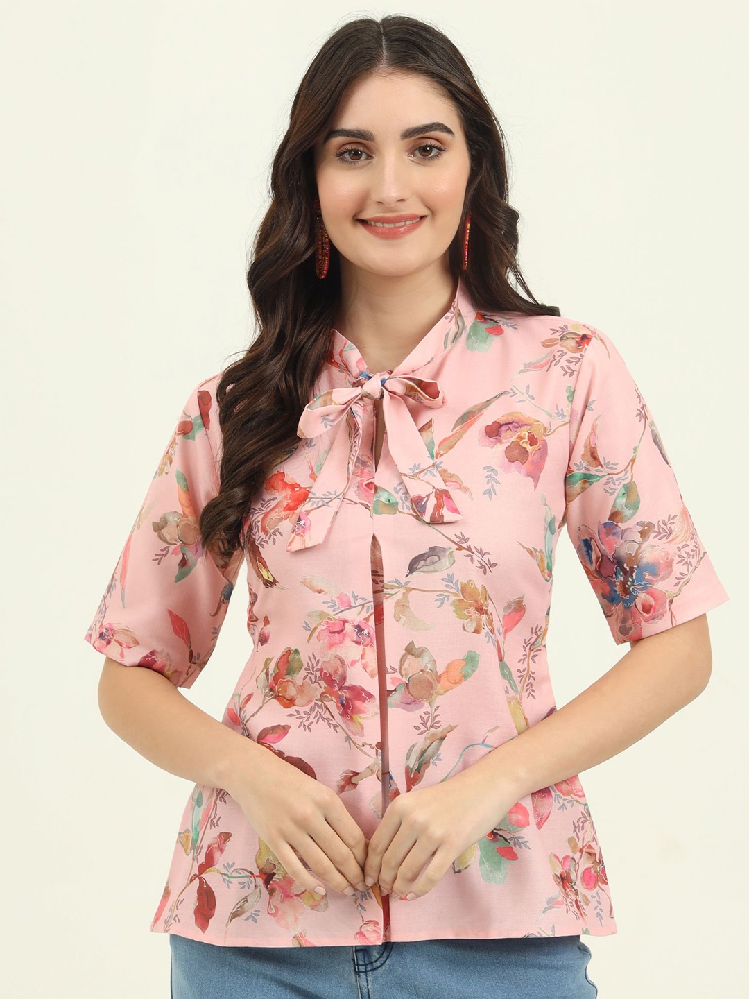 

AAA CREATION Floral Tie-Up Neck Top, Pink