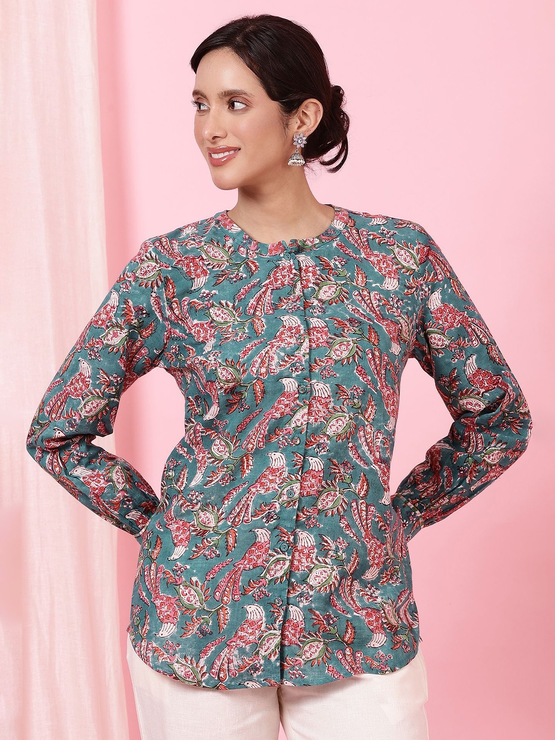 

Folk Song Women Printed Puff Sleeve Pure Cotton Shirt Style Top, Green