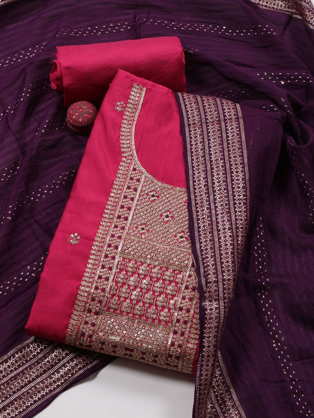 

Meena Bazaar Floral Embroidered Sequinned Unstitched Dress Material, Pink