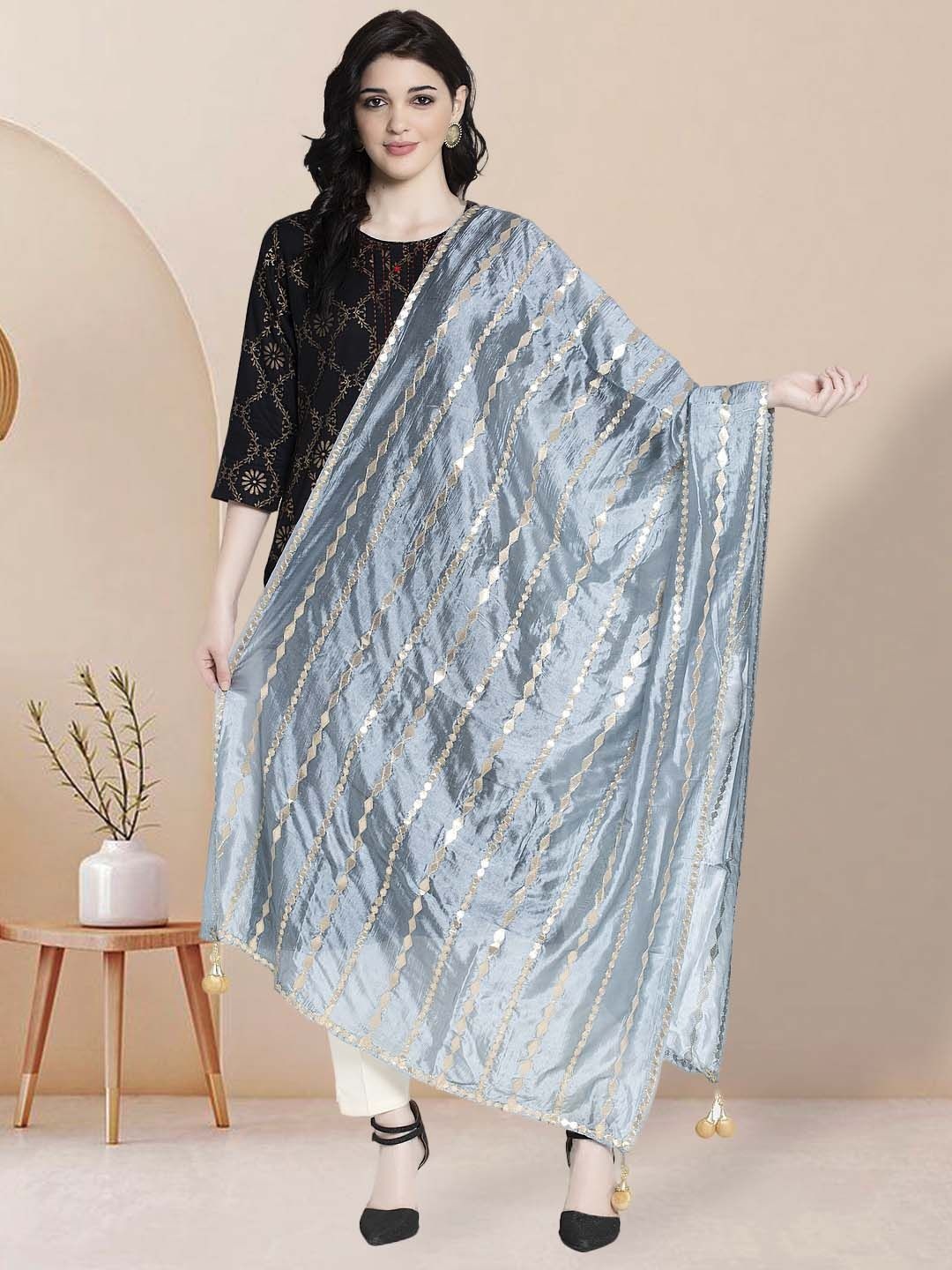 

Moda Rapido Striped Embroidered Gotta Patti Dupatta, Grey