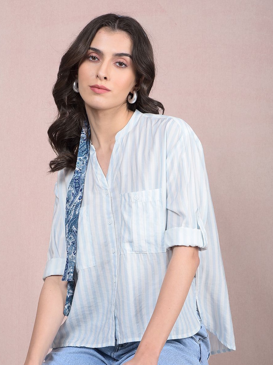 

Crimsoune Club Striped Mandarin Collar Cotton Shirt, Blue