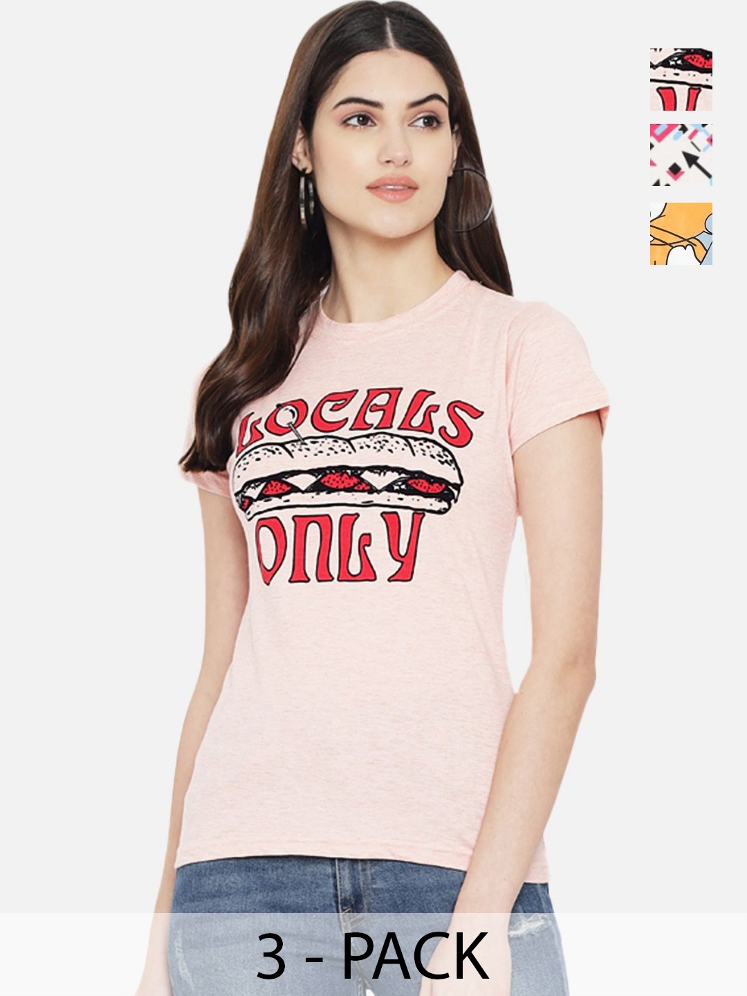 

Dreambe Women Pack of 3 Tom & Jerry Graphic Printed Round Neck Cotton T-shirts, Peach