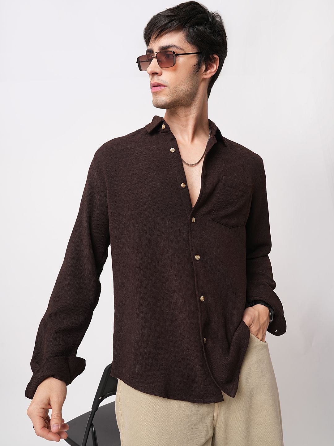 

VASTRADO Men Classic Slim Fit Spread Collar Cotton Casual Shirt, Brown