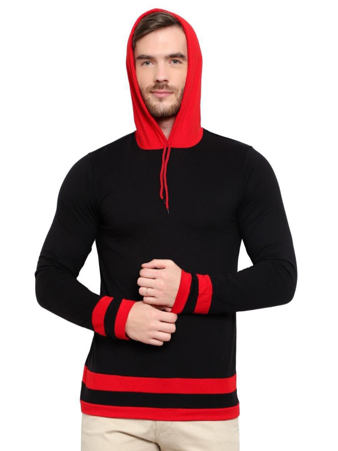 

Unicus Apparel Men Striped Hooded Cotton T-shirt, Black