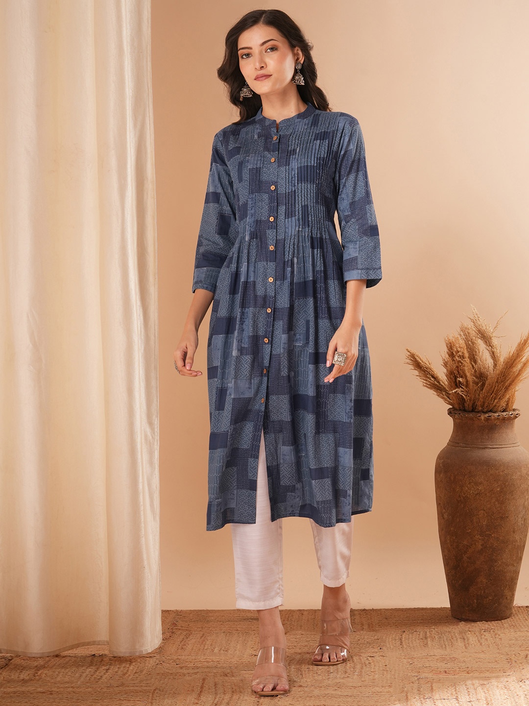 

FASHOR Geomteric Printed Mandarin Collar Pure Cotton A-Line Kurta, Blue