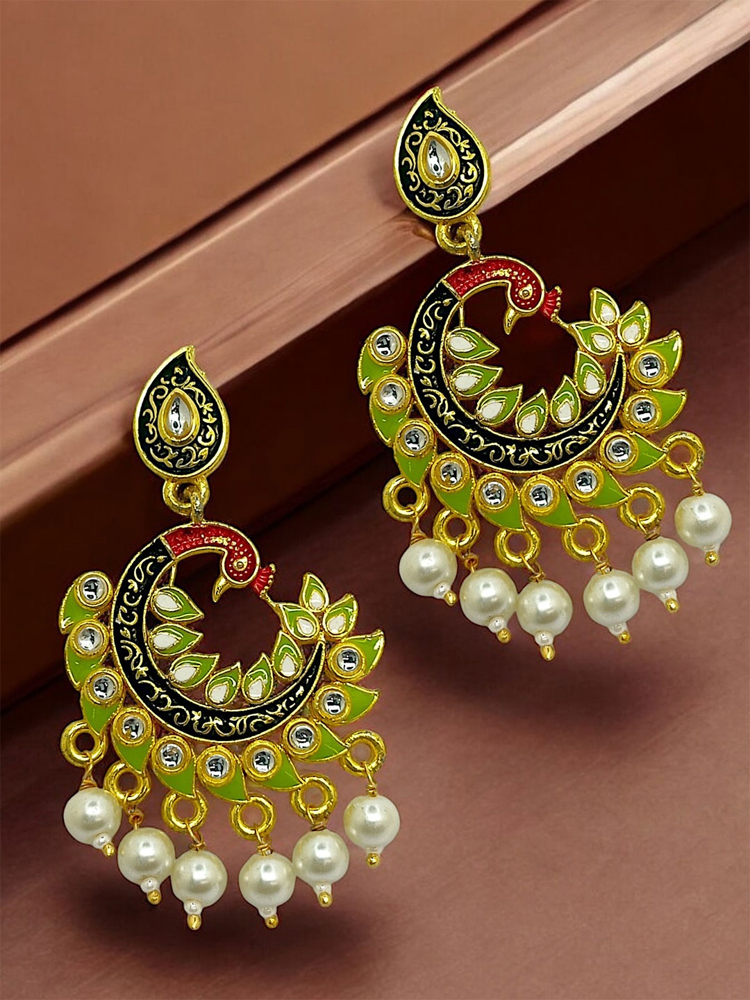 

FEMMIBELLA Gold-Plated Artificial Stones Studded And Beaded Peacock Shaped Drop Earrings