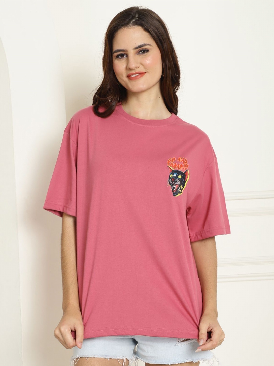

Tromko Women Graphic Printed Oversized Cotton T-shirt, Pink