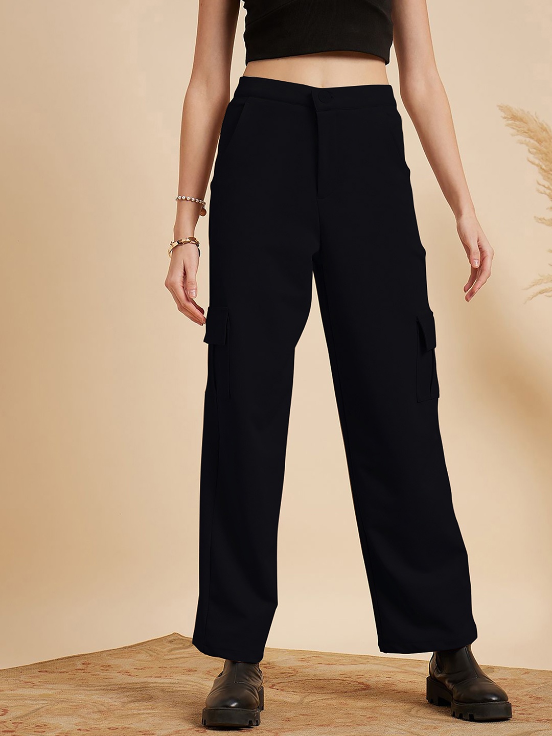 

Dream Beauty Fashion Women Loose Fit High-Rise Easy Wash Cargos Trouser, Black